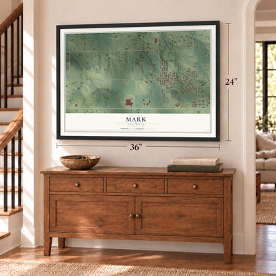 Mark, Illinois map, 24 x 36 inch print in a black frame above a dresser by a staircase