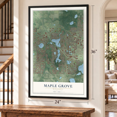 Maple Grove, Minnesota map, 24 x 36 inch print in a black frame by a staircase