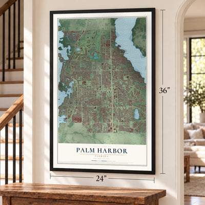 Palm Harbor, Florida map, 24 x 36 inch print in a black frame by a staircase