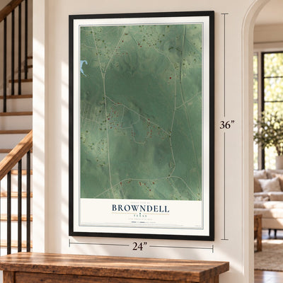 Browndell, Texas map, 24 x 36 inch print in a black frame by a staircase