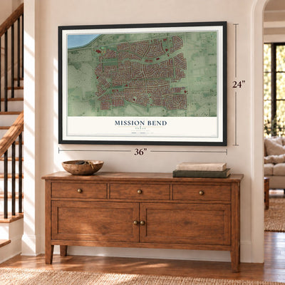Mission Bend, Texas map, 24 x 36 inch print in a black frame above a dresser by a staircase