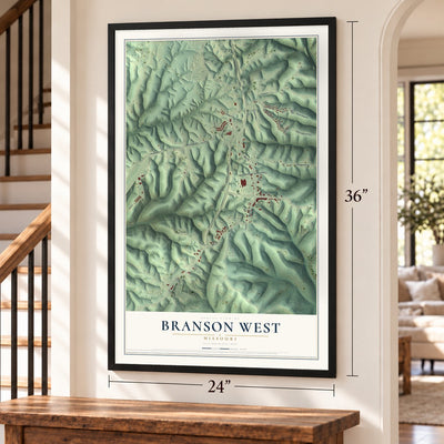Branson West, Missouri map, 24 x 36 inch print in a black frame by a staircase