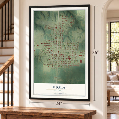 Viola, Illinois map, 24 x 36 inch print in a black frame by a staircase