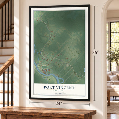 Port Vincent, Louisiana map, 24 x 36 inch print in a black frame by a staircase