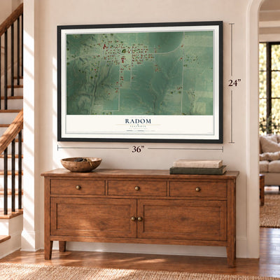 Radom, Illinois map, 24 x 36 inch print in a black frame above a dresser by a staircase
