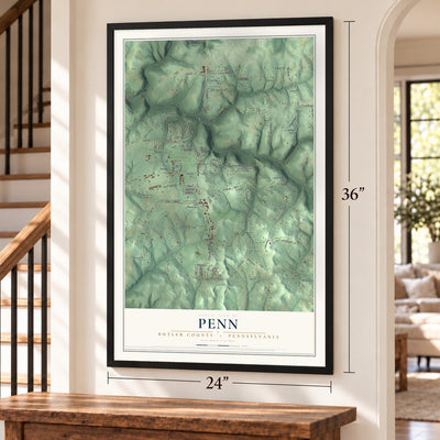 Penn, Butler County, Pennsylvania map, 24 x 36 inch print in a black frame by a staircase