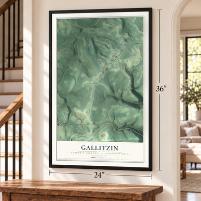 Gallitzin, Cambria County, Pennsylvania map, 24 x 36 inch print in a black frame by a staircase