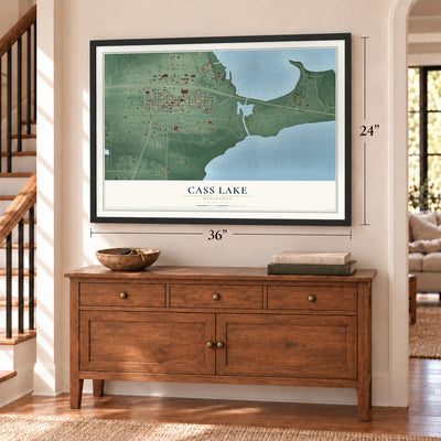 Cass Lake, Minnesota map, 24 x 36 inch print in a black frame above a dresser by a staircase