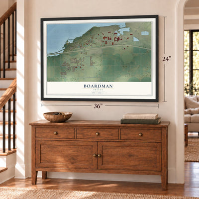 Boardman, Oregon map, 24 x 36 inch print in a black frame above a dresser by a staircase