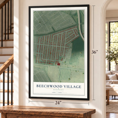 Beechwood Village, Kentucky map, 24 x 36 inch print in a black frame by a staircase