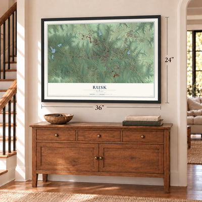 Rusk, Texas map, 24 x 36 inch print in a black frame above a dresser by a staircase