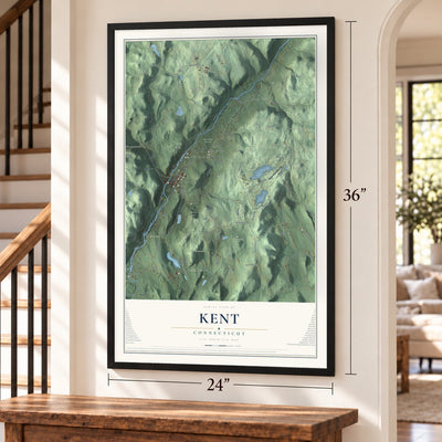 Kent, Connecticut map, 24 x 36 inch print in a black frame by a staircase