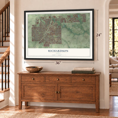 Richardson, Texas map, 24 x 36 inch print in a black frame above a dresser by a staircase