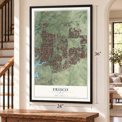 Frisco, Texas map, 24 x 36 inch print in a black frame by a staircase