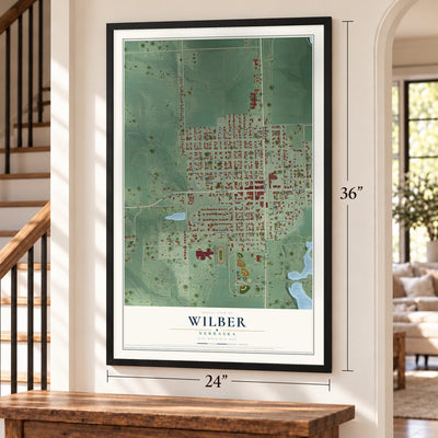 Wilber, Nebraska map, 24 x 36 inch print in a black frame by a staircase
