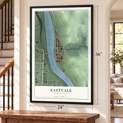 Eastvale, Pennsylvania map, 24 x 36 inch print in a black frame by a staircase