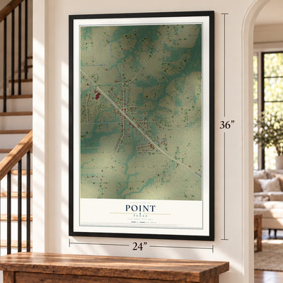 Point, Texas map, 24 x 36 inch print in a black frame by a staircase