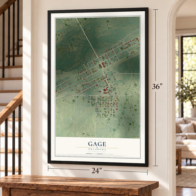 Gage, Oklahoma map, 24 x 36 inch print in a black frame by a staircase