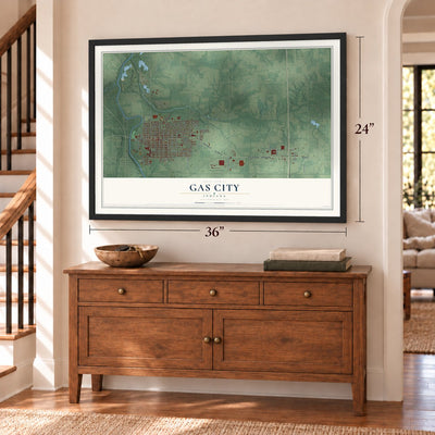 Gas City, Indiana map, 24 x 36 inch print in a black frame above a dresser by a staircase