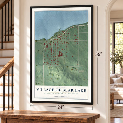 Bear Lake, Michigan map, 24 x 36 inch print in a black frame by a staircase