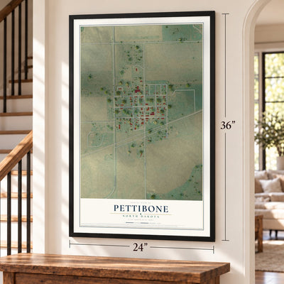 Pettibone, North Dakota map, 24 x 36 inch print in a black frame by a staircase