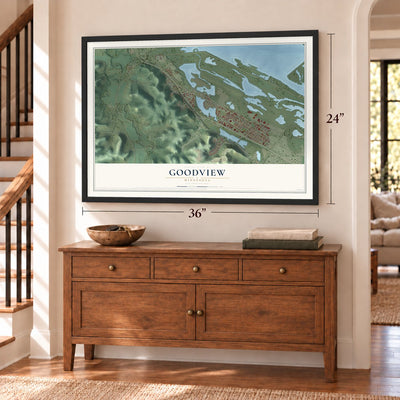 Goodview, Minnesota map, 24 x 36 inch print in a black frame above a dresser by a staircase