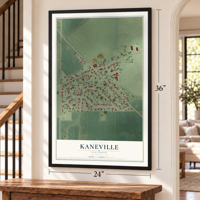 Kaneville, Illinois map, 24 x 36 inch print in a black frame by a staircase