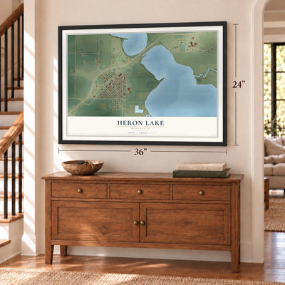 Heron Lake, Minnesota map, 24 x 36 inch print in a black frame above a dresser by a staircase