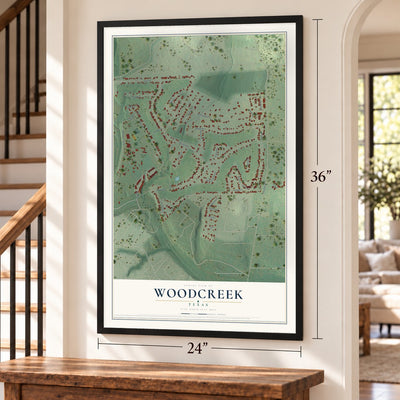 Woodcreek, Texas map, 24 x 36 inch print in a black frame by a staircase