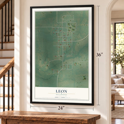 Leon, Oklahoma map, 24 x 36 inch print in a black frame by a staircase