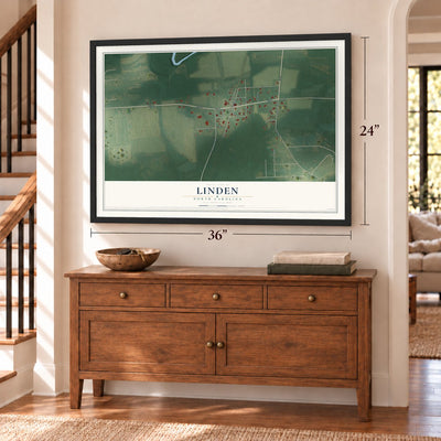 Linden, North Carolina map, 24 x 36 inch print in a black frame above a dresser by a staircase