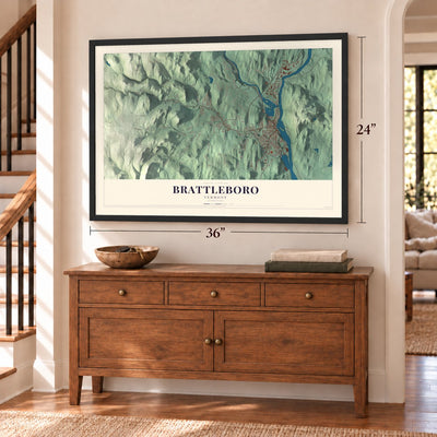 Brattleboro, Vermont map, 24 x 36 inch print in a black frame above a dresser by a staircase
