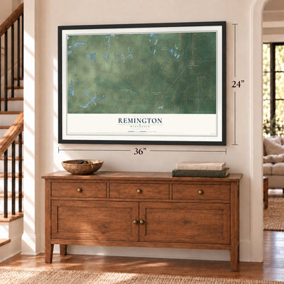 Remington, Wisconsin map, 24 x 36 inch print in a black frame above a dresser by a staircase