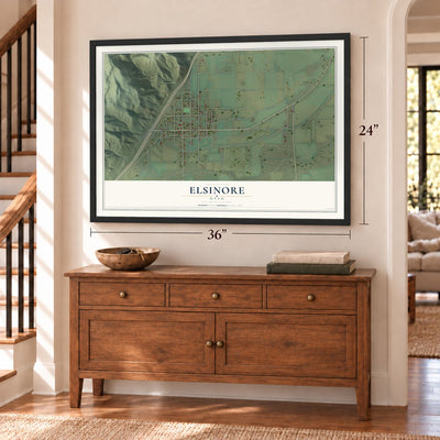 Elsinore, Utah map, 24 x 36 inch print in a black frame above a dresser by a staircase