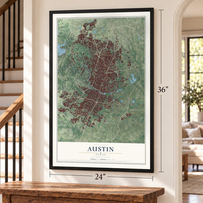 Austin, Texas map, 24 x 36 inch print in a black frame by a staircase
