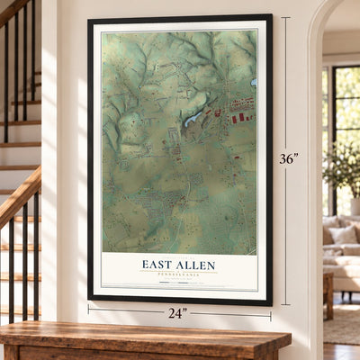 East Allen, Pennsylvania map, 24 x 36 inch print in a black frame by a staircase