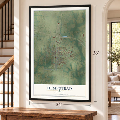 Hempstead, Texas map, 24 x 36 inch print in a black frame by a staircase
