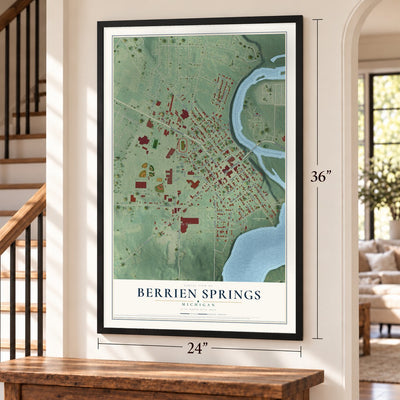 Berrien Springs, Michigan map, 24 x 36 inch print in a black frame by a staircase