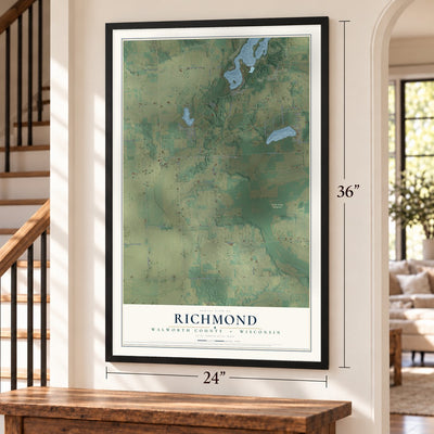 Richmond, Walworth County, Wisconsin map, 24 x 36 inch print in a black frame by a staircase