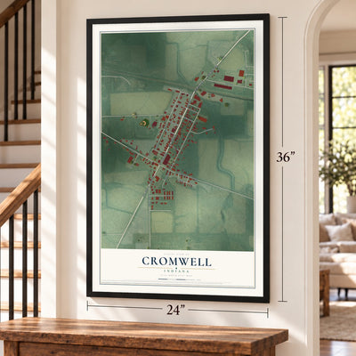 Cromwell, Indiana map, 24 x 36 inch print in a black frame by a staircase
