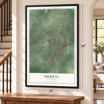 Murray, Kentucky map, 24 x 36 inch print in a black frame by a staircase