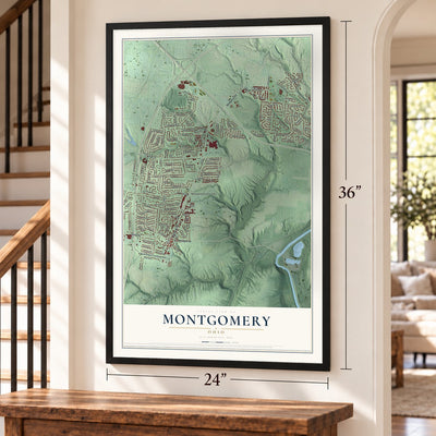 Montgomery, Ohio map, 24 x 36 inch print in a black frame by a staircase