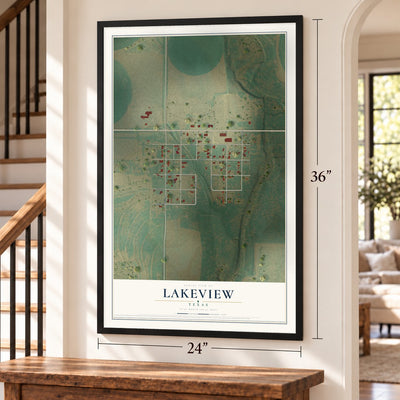 Lakeview, Texas map, 24 x 36 inch print in a black frame by a staircase