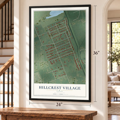 Hillcrest Village, Texas map, 24 x 36 inch print in a black frame by a staircase