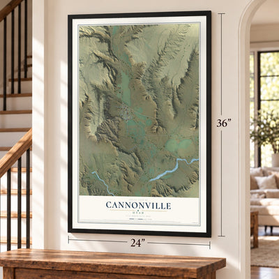Cannonville, Utah map, 24 x 36 inch print in a black frame by a staircase