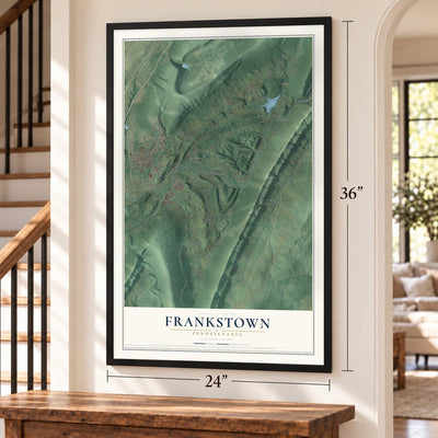 Frankstown, Pennsylvania map, 24 x 36 inch print in a black frame by a staircase