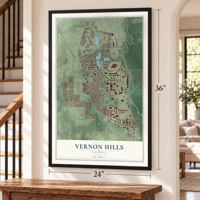 Vernon Hills, Illinois map, 24 x 36 inch print in a black frame by a staircase