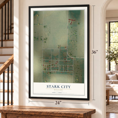 Stark City, Missouri map, 24 x 36 inch print in a black frame by a staircase