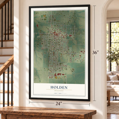 Holden, Missouri map, 24 x 36 inch print in a black frame by a staircase