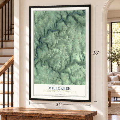 Millcreek, Clarion County, Pennsylvania map, 24 x 36 inch print in a black frame by a staircase